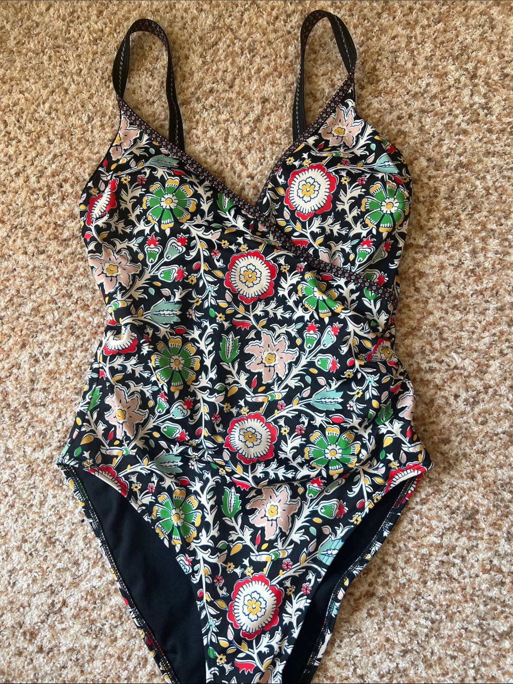 Boden Black Floral One-Piece Girls' Swimsuit with Multicolor Print